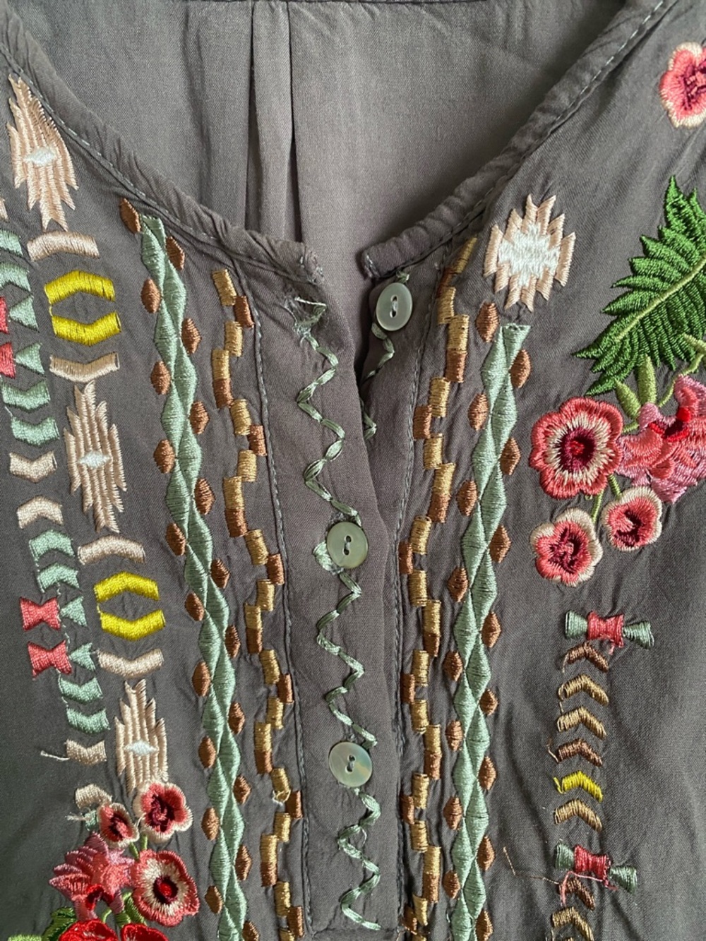 Embroidered V-Neck Women's Top in Gray with Pink Floral Detail - Picture 4 of 9